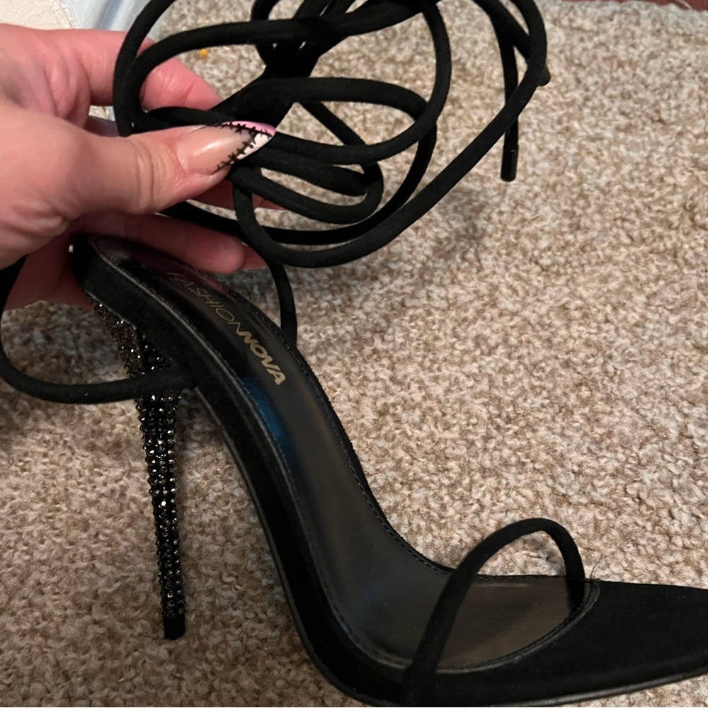 Black suede tie up heels